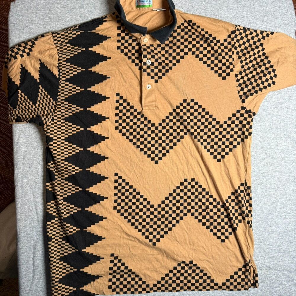 Vintage Winner Mate Golf Collection Polo Shirt Brown Black Striped Large
